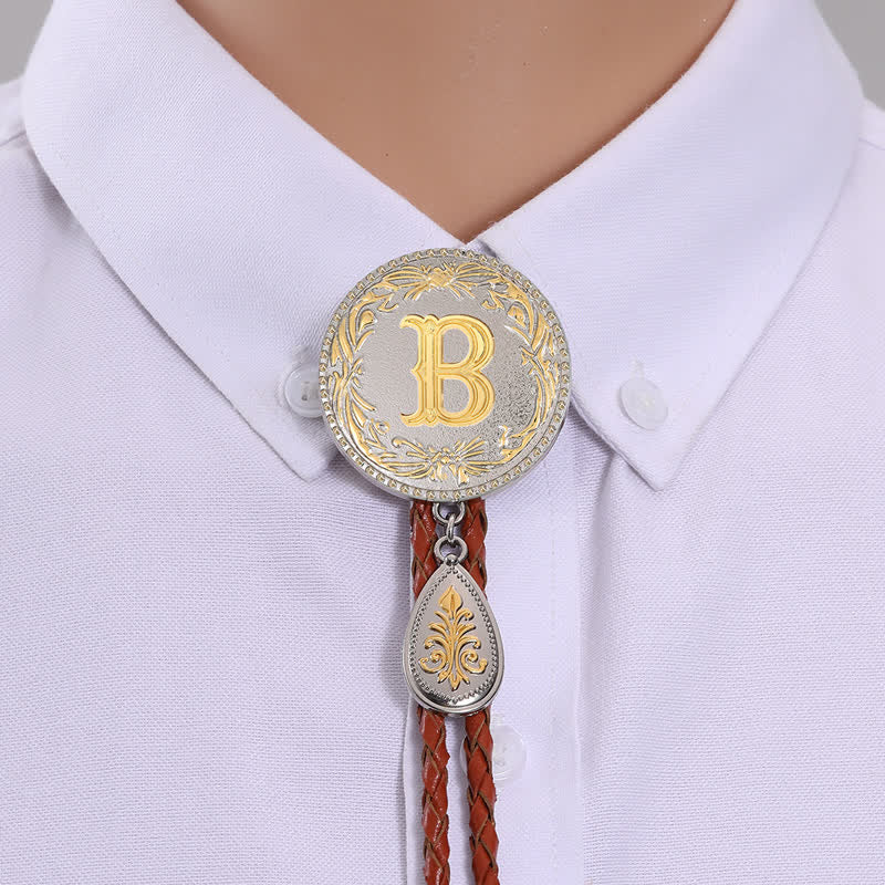 Initial Letter Brown Leather Bolo Tie With Teardrop-Shaped Pendant