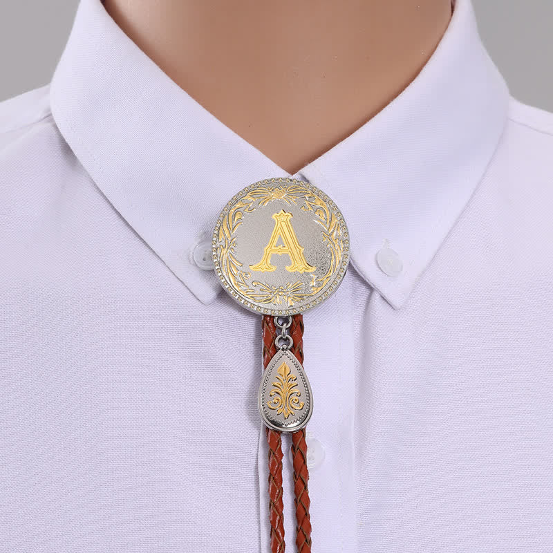 Initial Letter Brown Leather Bolo Tie With Teardrop-Shaped Pendant
