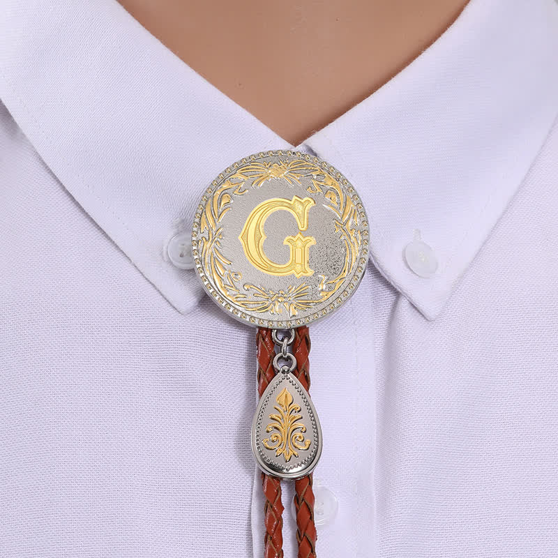 Initial Letter Brown Leather Bolo Tie With Teardrop-Shaped Pendant