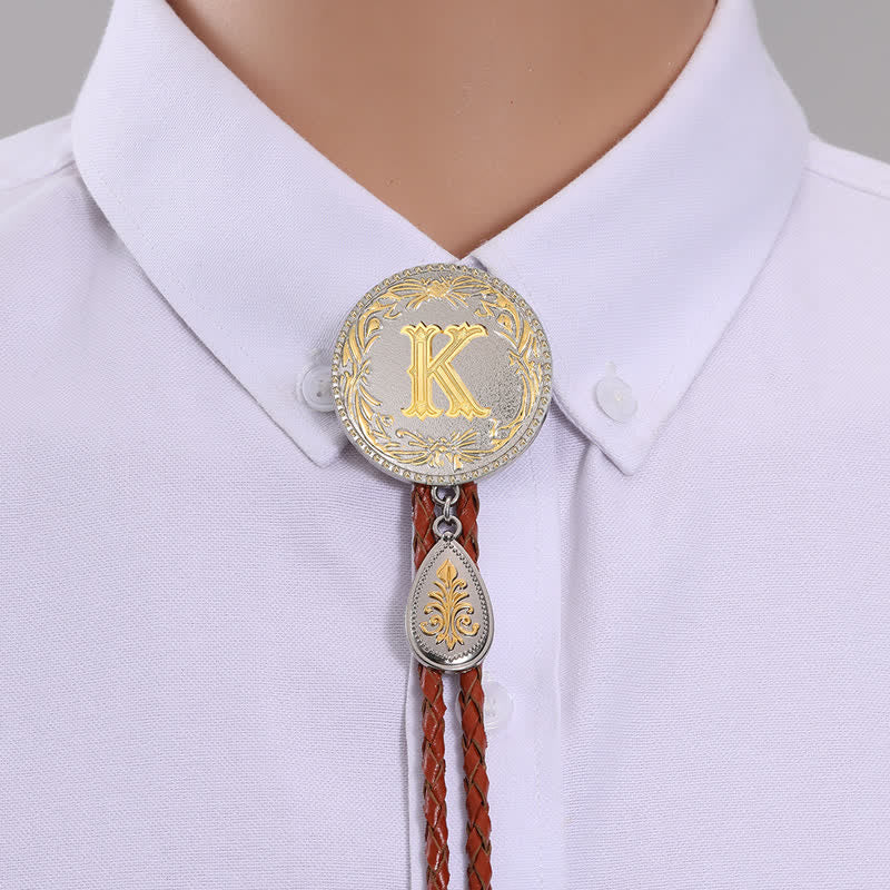 Initial Letter Brown Leather Bolo Tie With Teardrop-Shaped Pendant