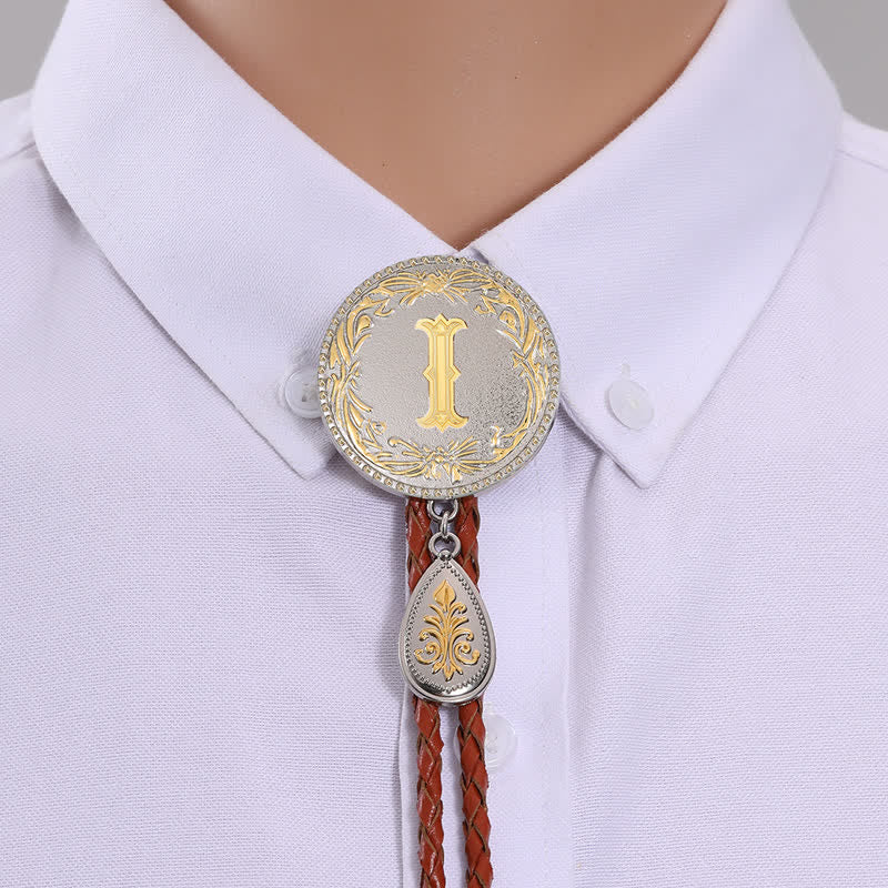 Initial Letter Brown Leather Bolo Tie With Teardrop-Shaped Pendant