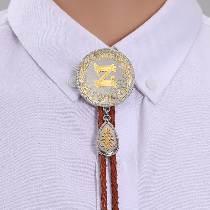 Initial Letter Brown Leather Bolo Tie With Teardrop-Shaped Pendant