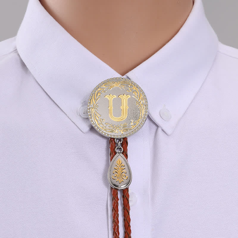 Initial Letter Brown Leather Bolo Tie With Teardrop-Shaped Pendant