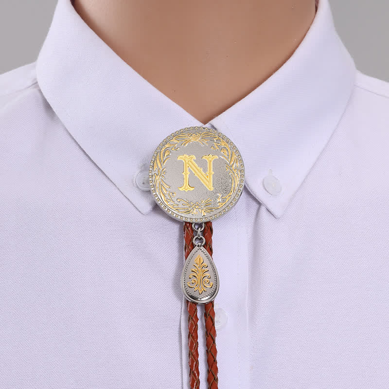 Initial Letter Brown Leather Bolo Tie With Teardrop-Shaped Pendant