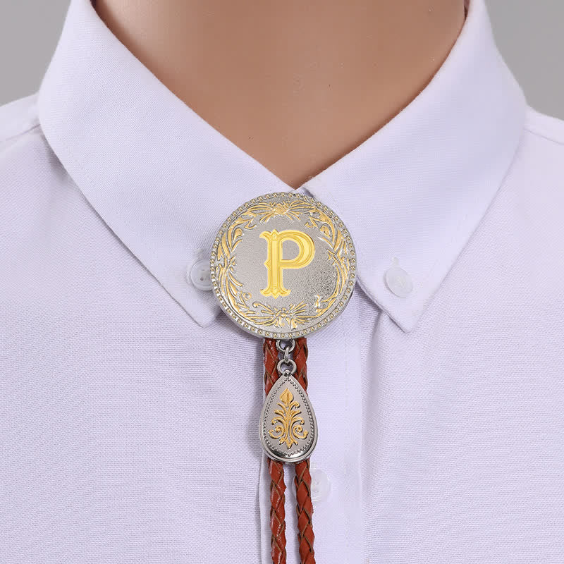 Initial Letter Brown Leather Bolo Tie With Teardrop-Shaped Pendant