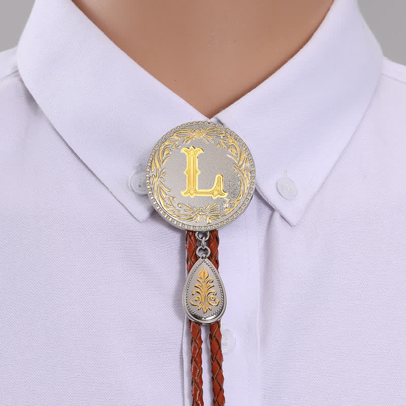 Initial Letter Brown Leather Bolo Tie With Teardrop-Shaped Pendant