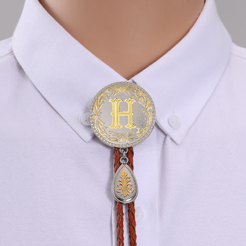 Initial Letter Brown Leather Bolo Tie With Teardrop-Shaped Pendant