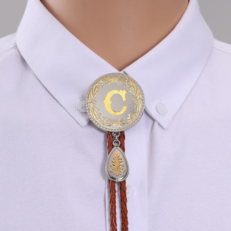 Initial Letter Brown Leather Bolo Tie With Teardrop-Shaped Pendant