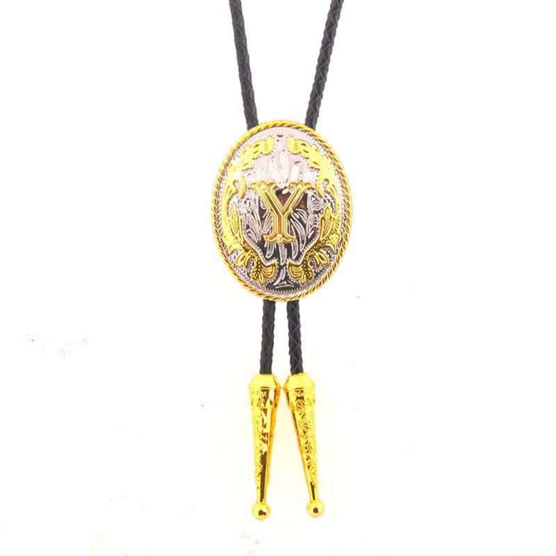 Gold & Silver Two-Tone Oval Initial Letter Leather Bolo Tie