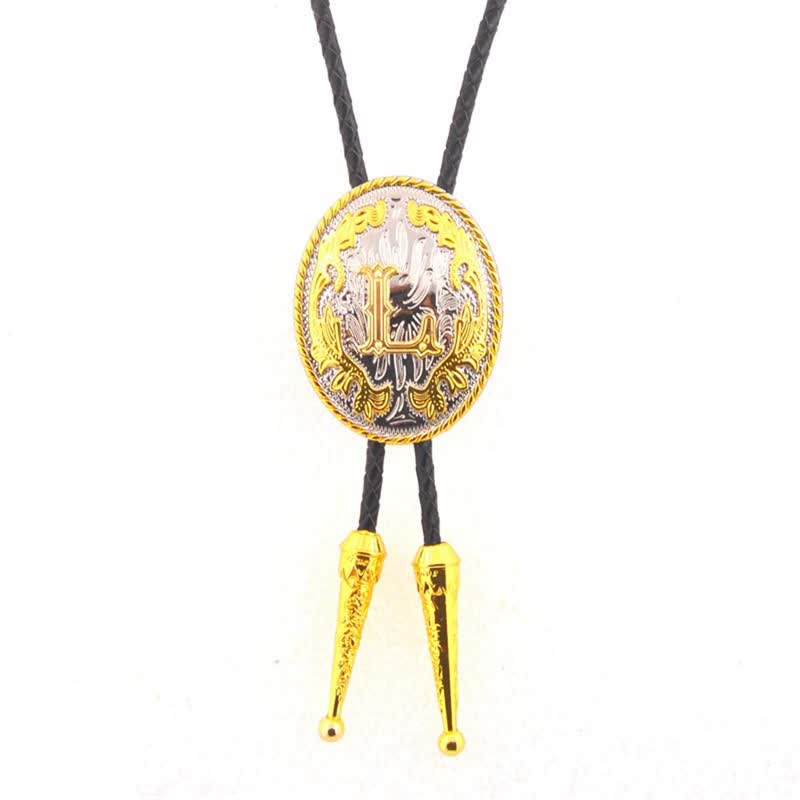 Gold & Silver Two-Tone Oval Initial Letter Leather Bolo Tie