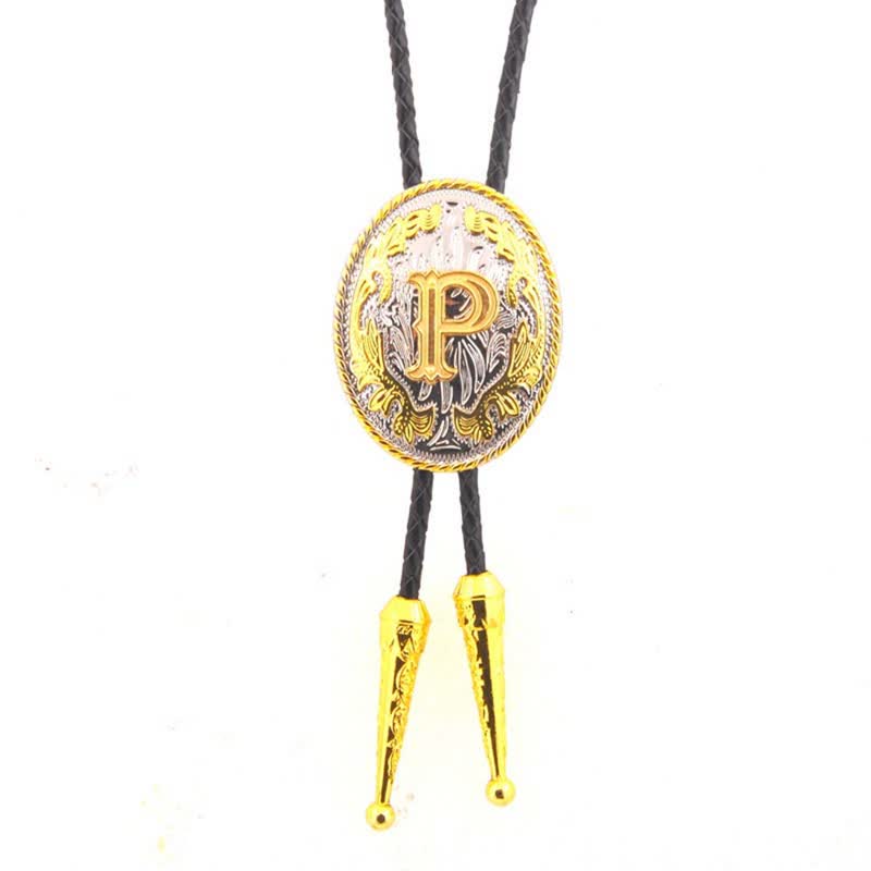 Gold & Silver Two-Tone Oval Initial Letter Leather Bolo Tie