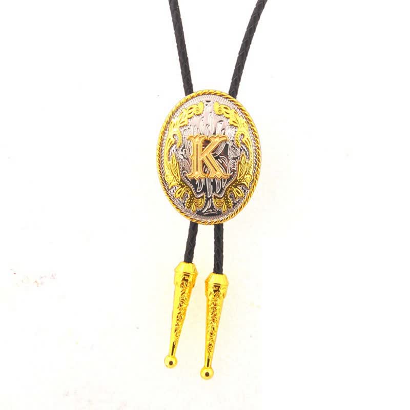 Gold & Silver Two-Tone Oval Initial Letter Leather Bolo Tie