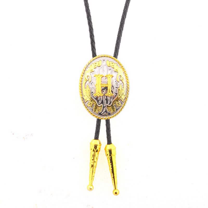 Gold & Silver Two-Tone Oval Initial Letter Leather Bolo Tie