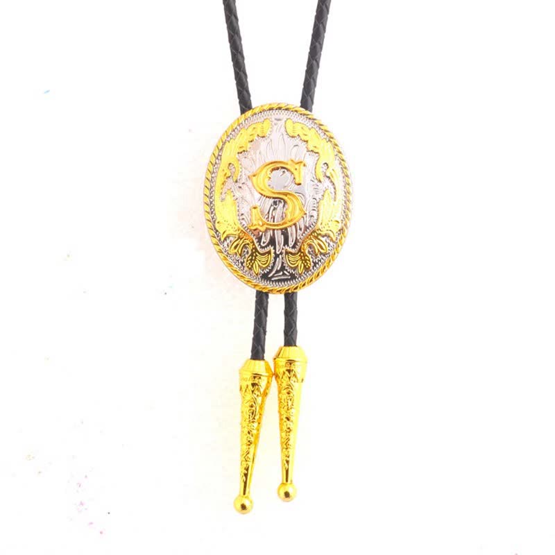 Gold & Silver Two-Tone Oval Initial Letter Leather Bolo Tie