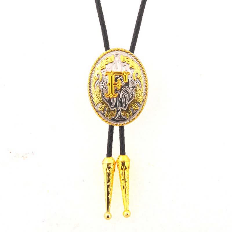 Gold & Silver Two-Tone Oval Initial Letter Leather Bolo Tie