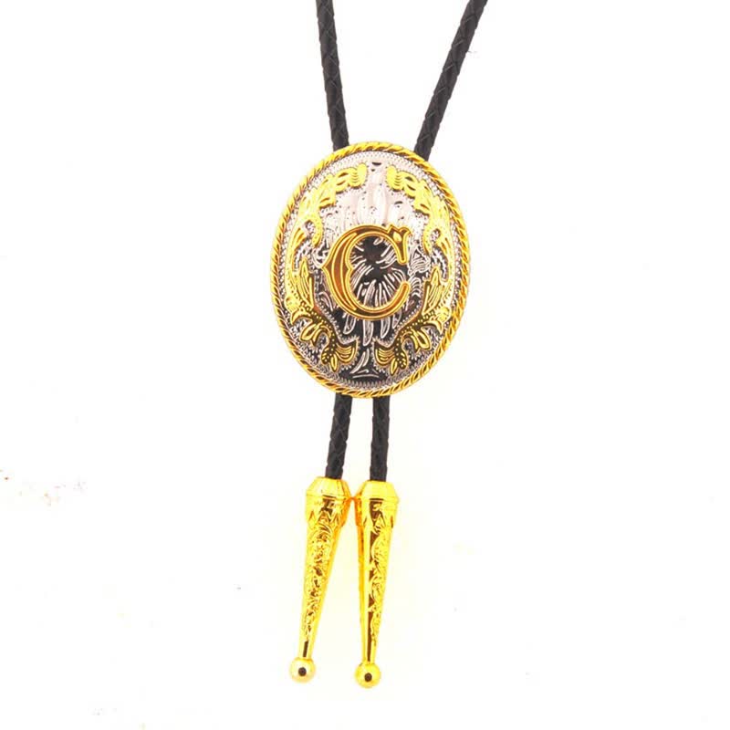 Gold & Silver Two-Tone Oval Initial Letter Leather Bolo Tie