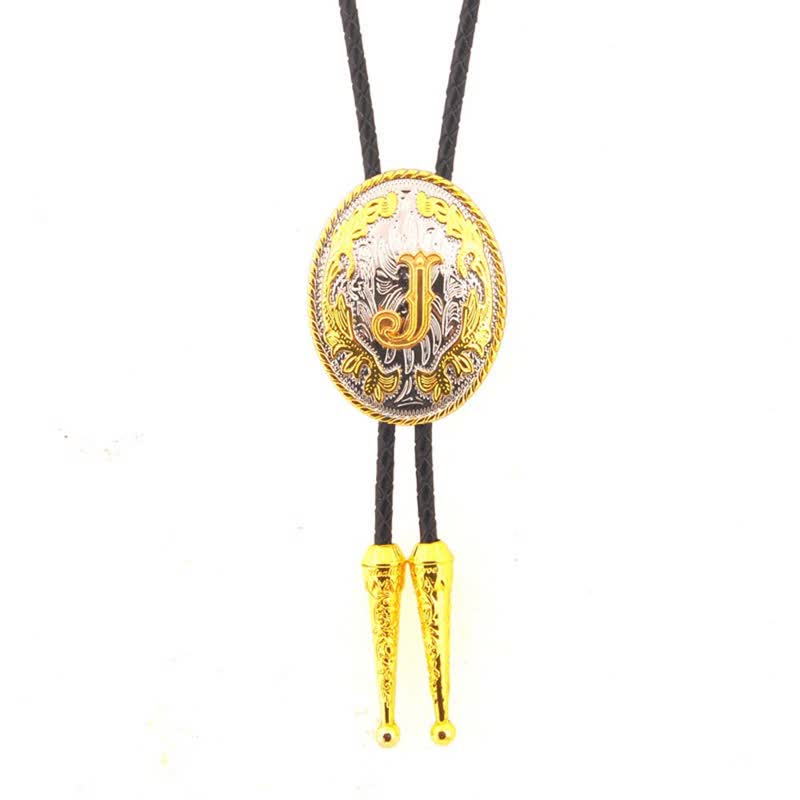 Gold & Silver Two-Tone Oval Initial Letter Leather Bolo Tie