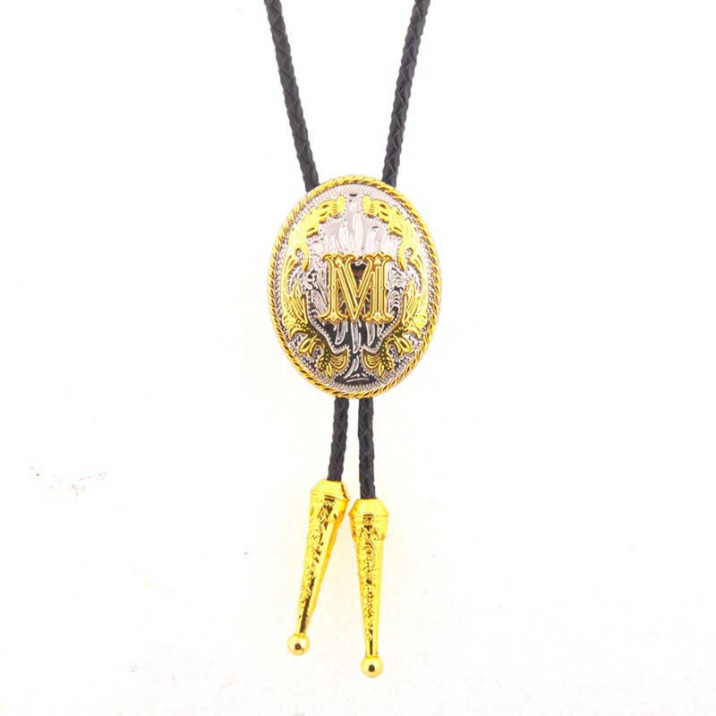 Gold & Silver Two-Tone Oval Initial Letter Leather Bolo Tie