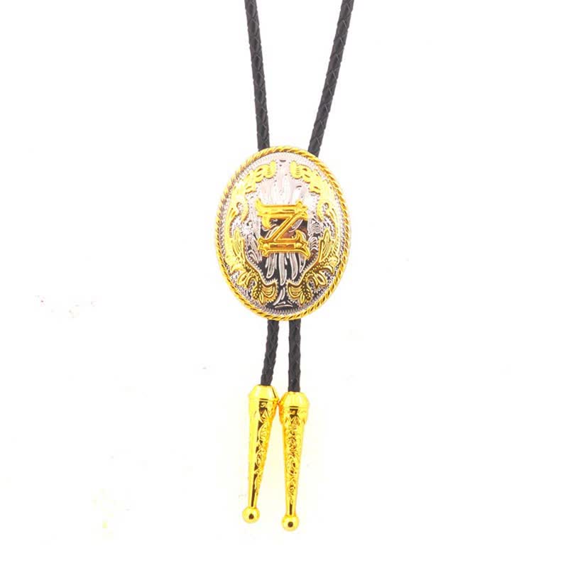 Gold & Silver Two-Tone Oval Initial Letter Leather Bolo Tie