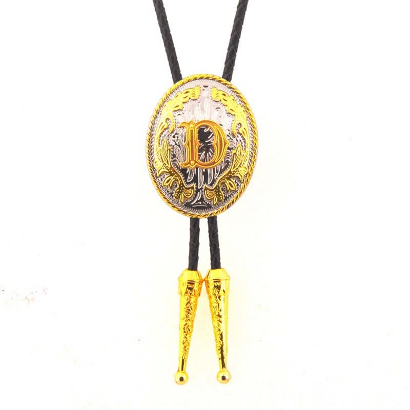 Gold & Silver Two-Tone Oval Initial Letter Leather Bolo Tie