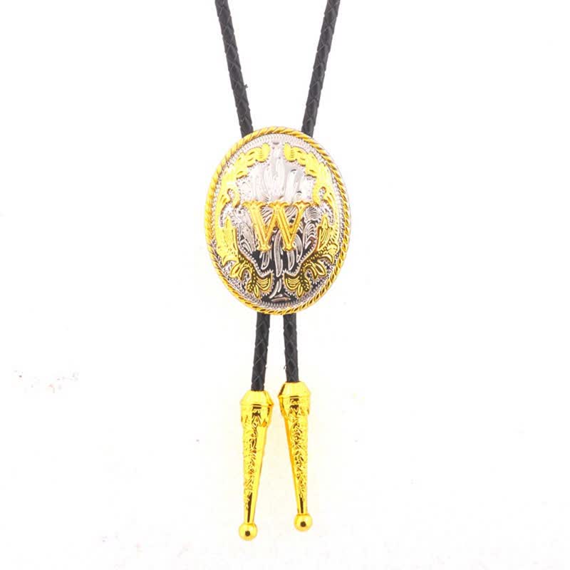 Gold & Silver Two-Tone Oval Initial Letter Leather Bolo Tie