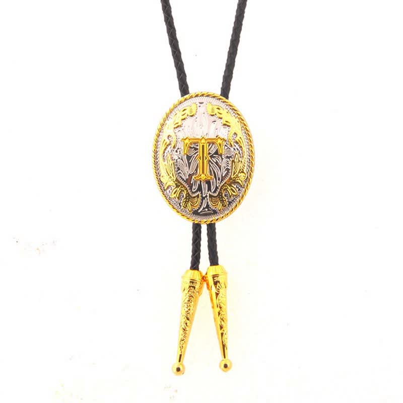 Gold & Silver Two-Tone Oval Initial Letter Leather Bolo Tie