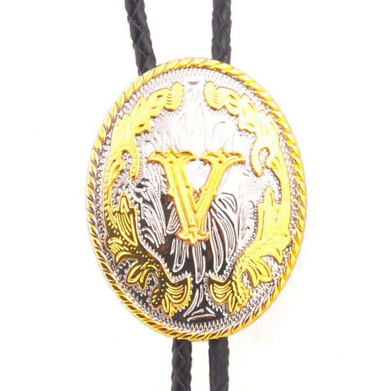 Gold & Silver Two-Tone Oval Initial Letter Leather Bolo Tie