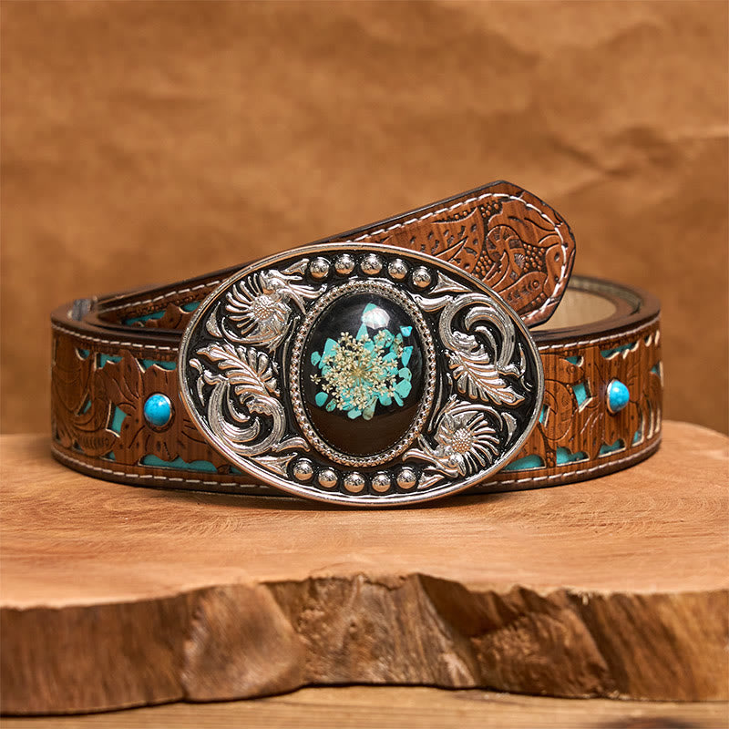Silver Black Carved Turquoise & Flowers DIY Buckle Leather Belt