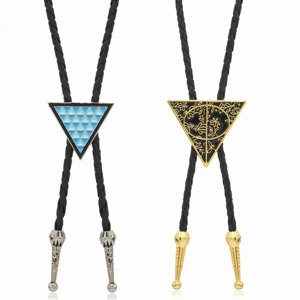 Geometric Triangle Pattern Metal Braided Leather Bolo Tie
