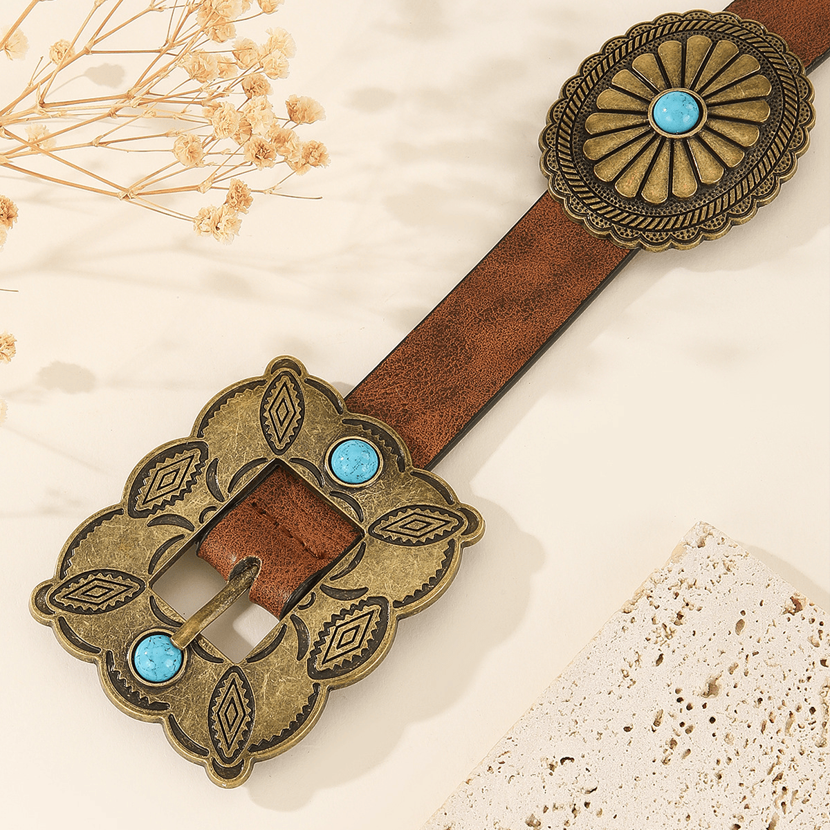 Women's Square Bronze Buckle Round Patterned Turquoise Belt