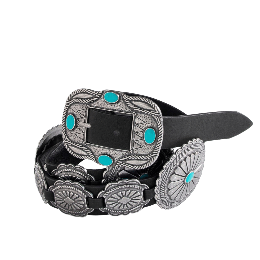 Women's Silver Patterned Turquoise Buckle Belt