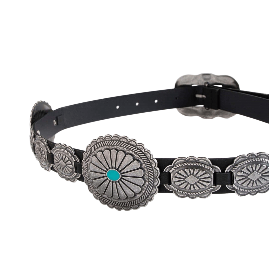 Women's Silver Patterned Turquoise Buckle Belt