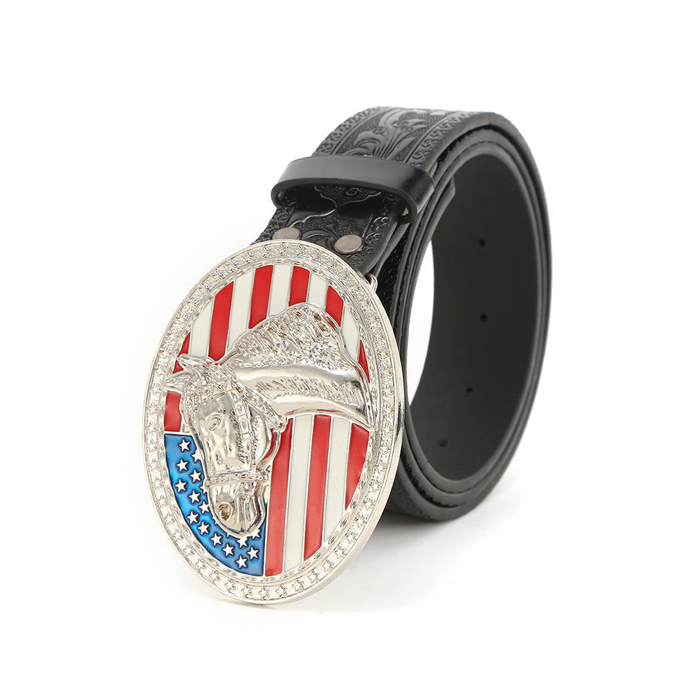 Men's Silver Horsehead Flag Buckle Black Embossed Belt