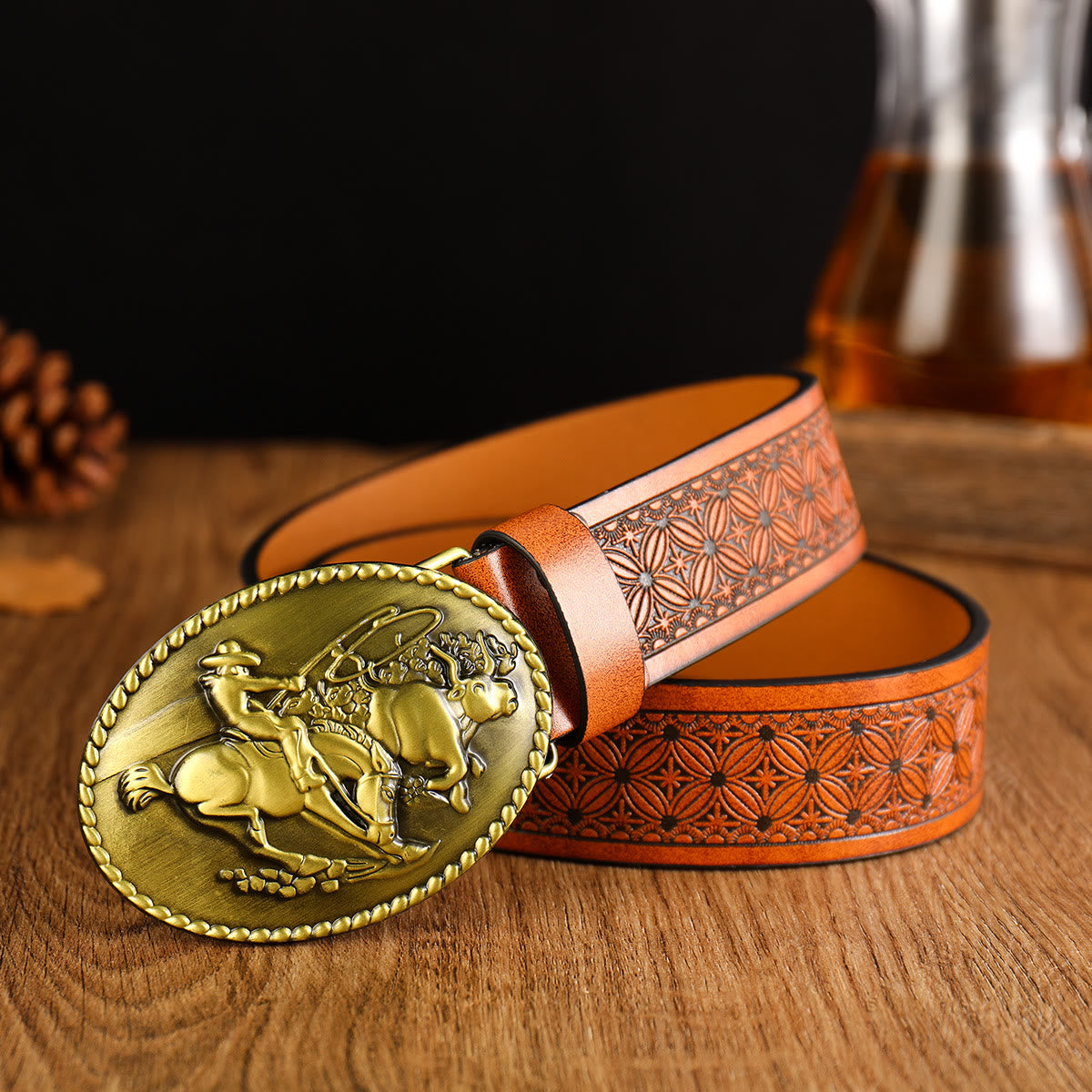 Men's Western Horse Riding Buckle Brown Leather Belt