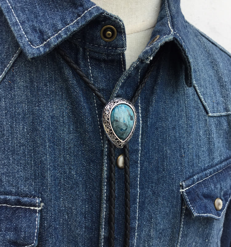 Teardrop Turquoise Vintage Carved Metal Bolo Ties