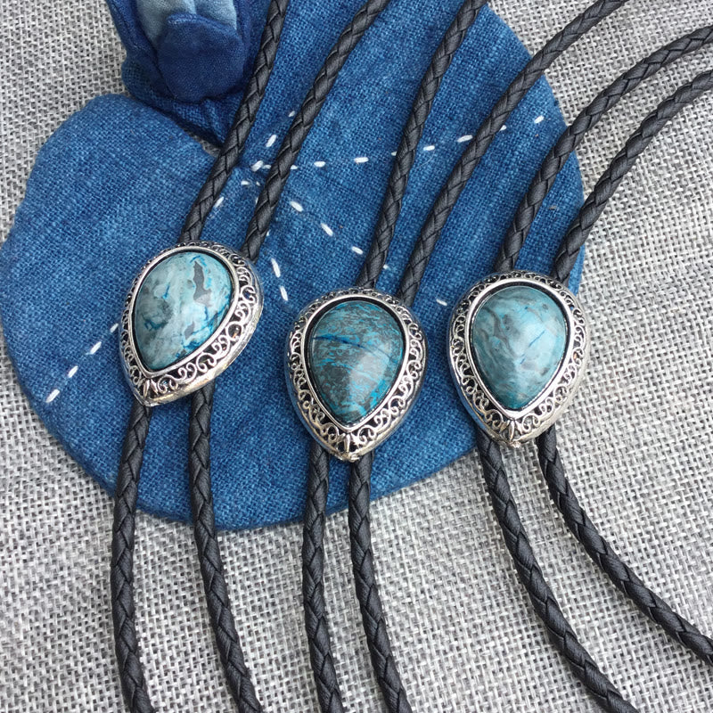 Teardrop Turquoise Vintage Carved Metal Bolo Ties