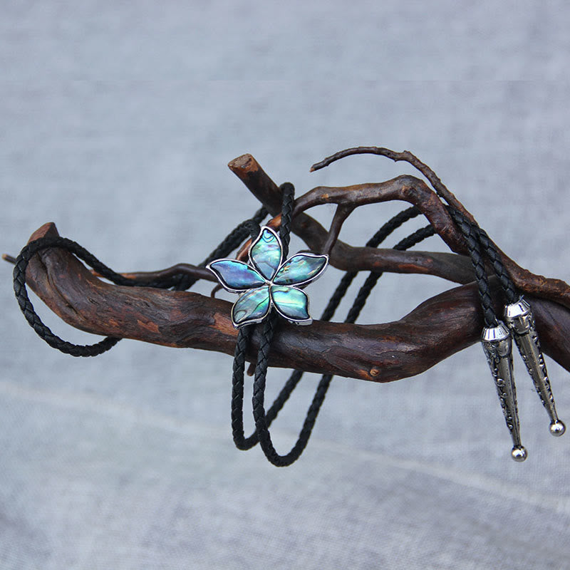 Flower-Shaped Iridescent Abalone Shell Vintage Metal Bolo Ties