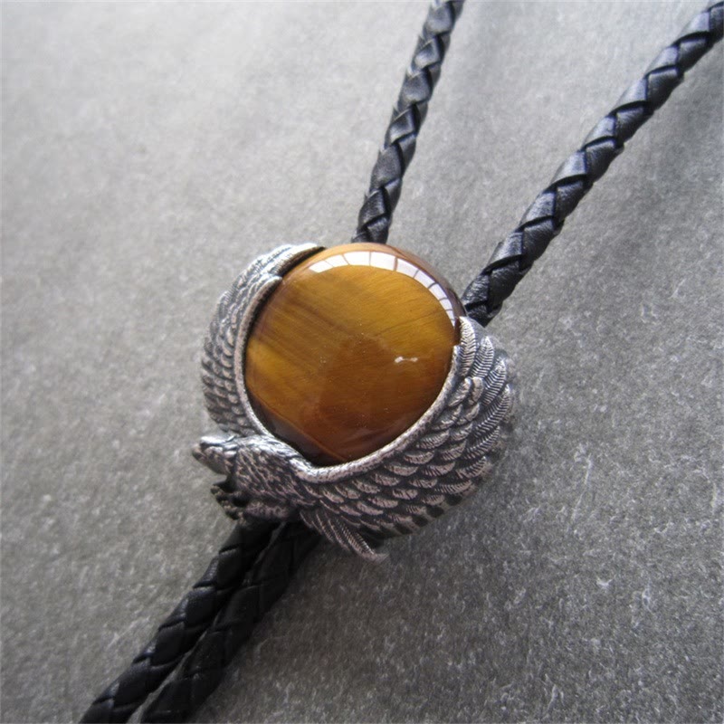 Wing-Accented Tiger Eye Stone Vintage Metal Bolo Ties