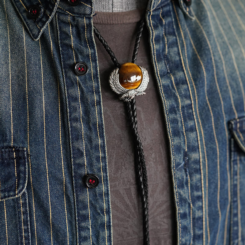 Wing-Accented Tiger Eye Stone Vintage Metal Bolo Ties