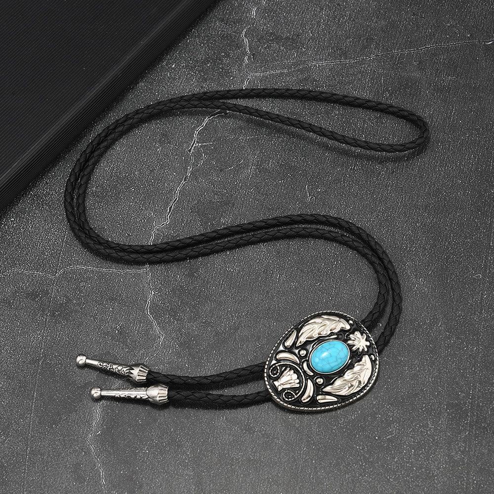Oval Turquoise Black-and-white Carved Metal Bolo Ties