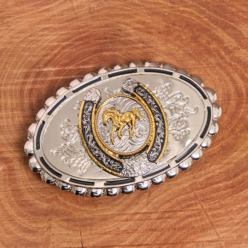 Men's Western Silver Carved Golden Horse Ellipse Buckle Leather Belt