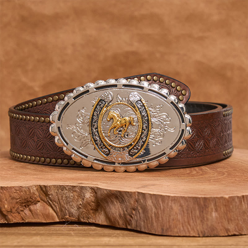 Men's Western Silver Carved Golden Horse Ellipse Buckle Leather Belt