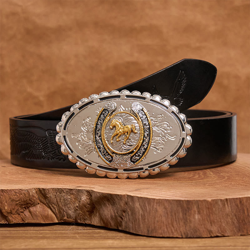Men's Western Silver Carved Golden Horse Ellipse Buckle Leather Belt
