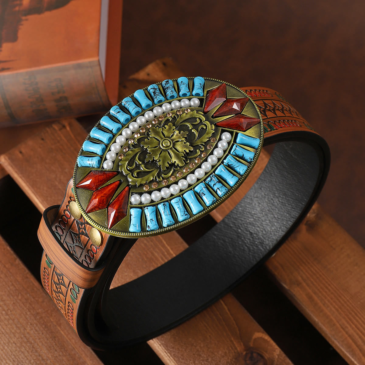 Turquoise Pearl Red Gem Retro Pattern Buckle Floral Embossed Leather Belt