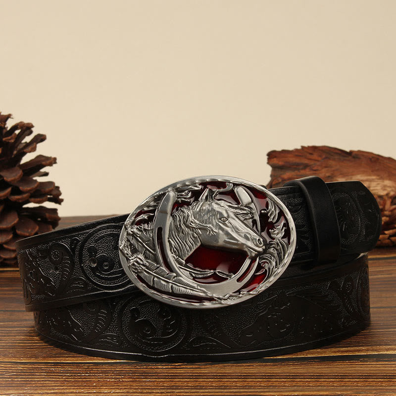 Men's Silver Horsehead & Horseshoe Carving Leather Belt