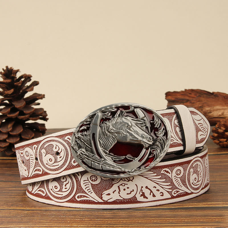 Men's Silver Horsehead & Horseshoe Carving Leather Belt
