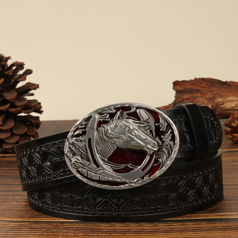 Men's Silver Horsehead & Horseshoe Carving Leather Belt