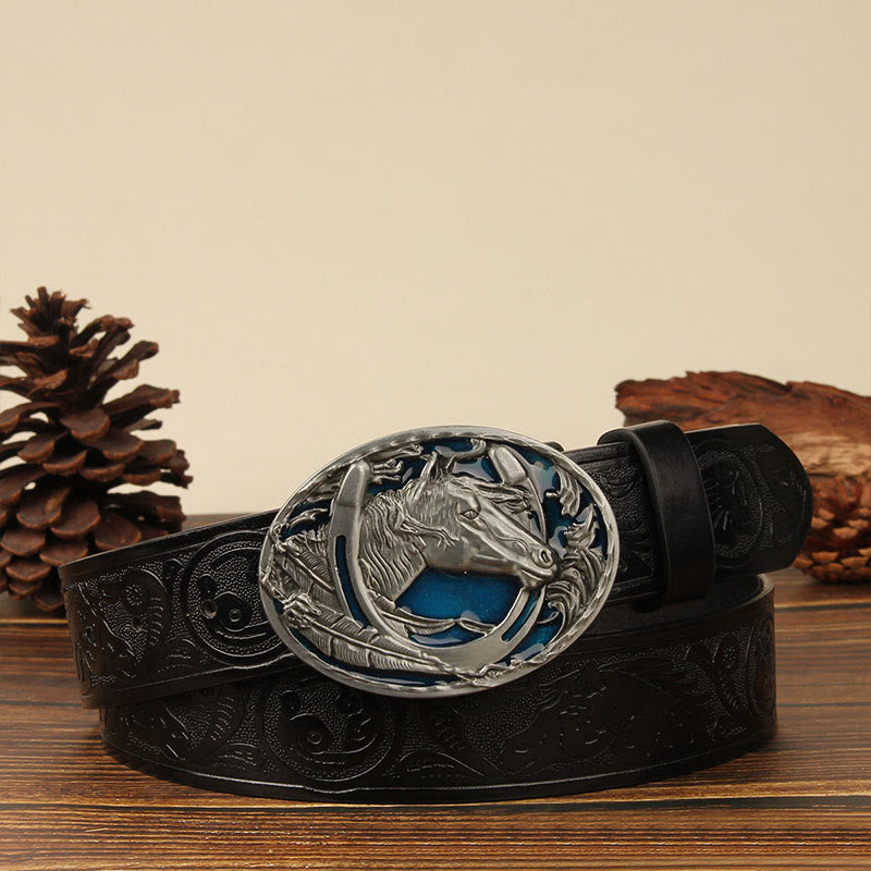 Men's Silver Horsehead & Horseshoe Carving Leather Belt