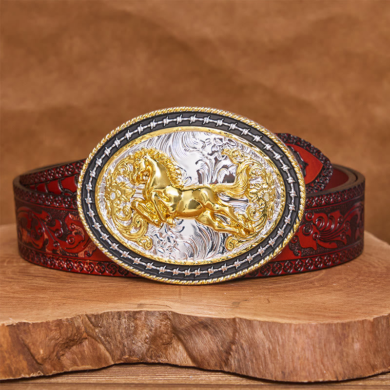 Men's Golden Galloping Horse Oval Carved Buckle Leather Belt