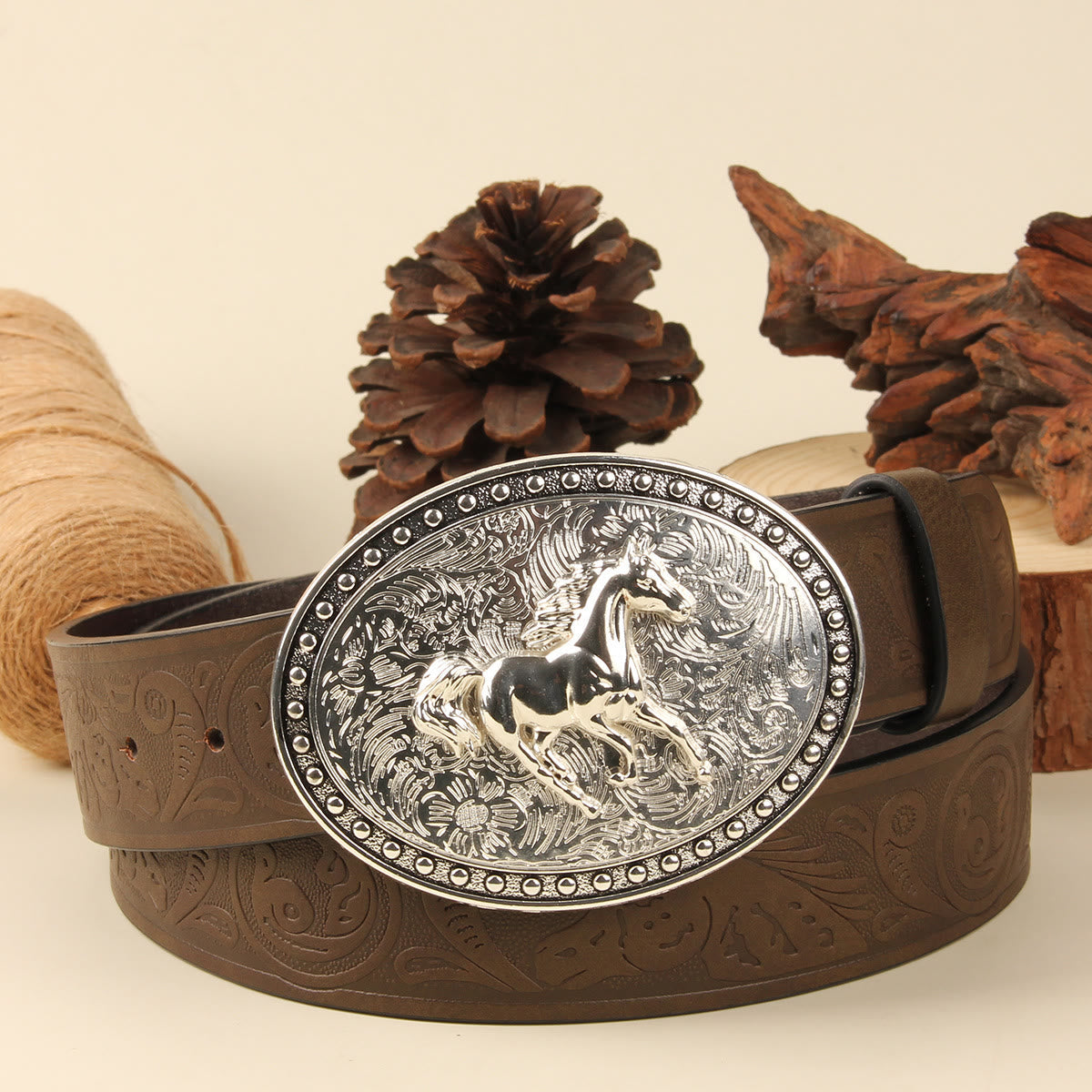 Men's Golden Horse Silver Oval Buckle Embossed Leather Belt